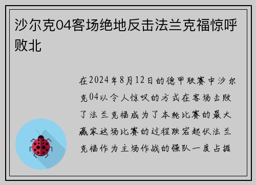 沙尔克04客场绝地反击法兰克福惊呼败北