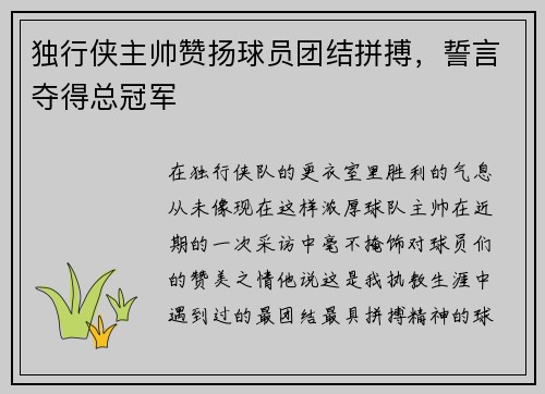 独行侠主帅赞扬球员团结拼搏，誓言夺得总冠军