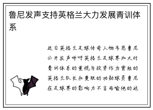 鲁尼发声支持英格兰大力发展青训体系